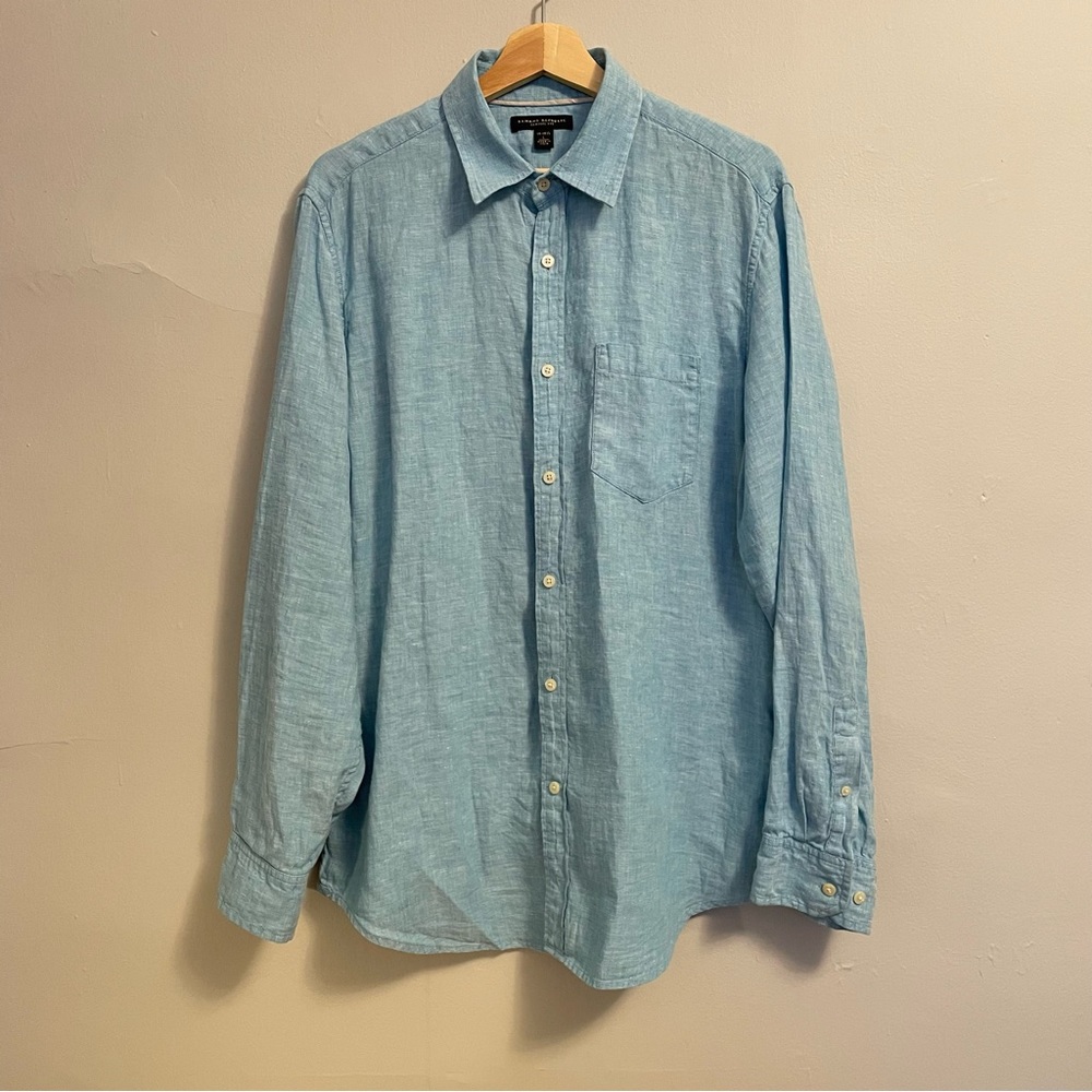 Blue Linen Button Down Long Sleeve Shirt